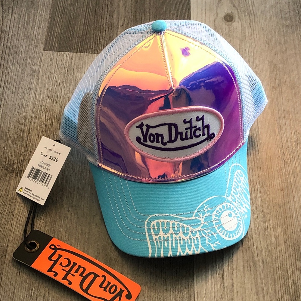 Von Dutch Purple Holographic Trucker Hat Logo Patch & Turquoise Bill OS NWT - Picture 2 of 16